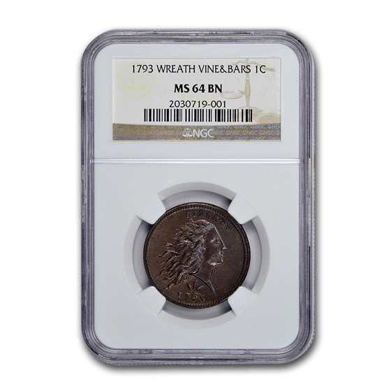 1793 Flowing Hair Wreath Large Cent MS-64 NGC (BN, Vine & Bars) 1793 Flowing Hair Wreath Large Cent MS-64 NGC (BN, Vine & Bars)